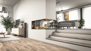 Focar șemineu pe gaz HITZE CALMA 120 – vitraj în U, tablă neagră, telecomanda + MODUL Wifi + LED