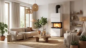 Focar șemineu pe lemne HITZE ALBERO AL9C.H-D-BOX/B/W – trei laturi, carcasă neagră + decor alb