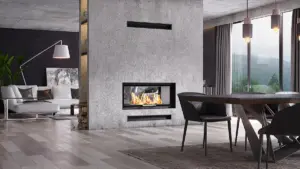 Focar șemineu pe lemne HITZE ARDENTE ARD105X43.DGS-I – două fețe, ghilotină, sticlă interioară