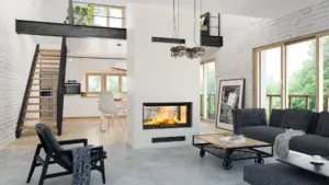 Focar șemineu pe lemne HITZE ARDENTE ARD90X41.DGS-I/BB – două fețe, ghilotină, sticlă interioară, beton negru