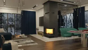 Focar șemineu pe lemne HITZE HST54x39.RG/BB – colț dreapta, ghilotină, beton negru
