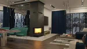 Focar șemineu pe lemne HITZE HST54x39.LG/BB – colț stânga, ghilotină, beton negru
